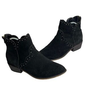 Chinese Laundry Black Leather Suede Ankle Boot Antique Brass Back Zipper Sz. 7.5